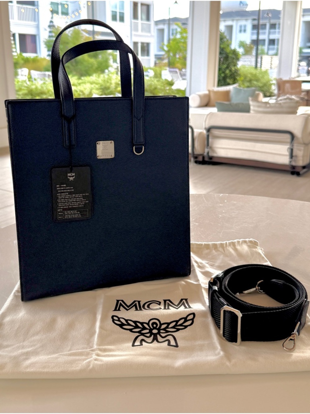 MCM Navy Leather Tote with Detachable Strap, floral - NWT & dust bag & COA